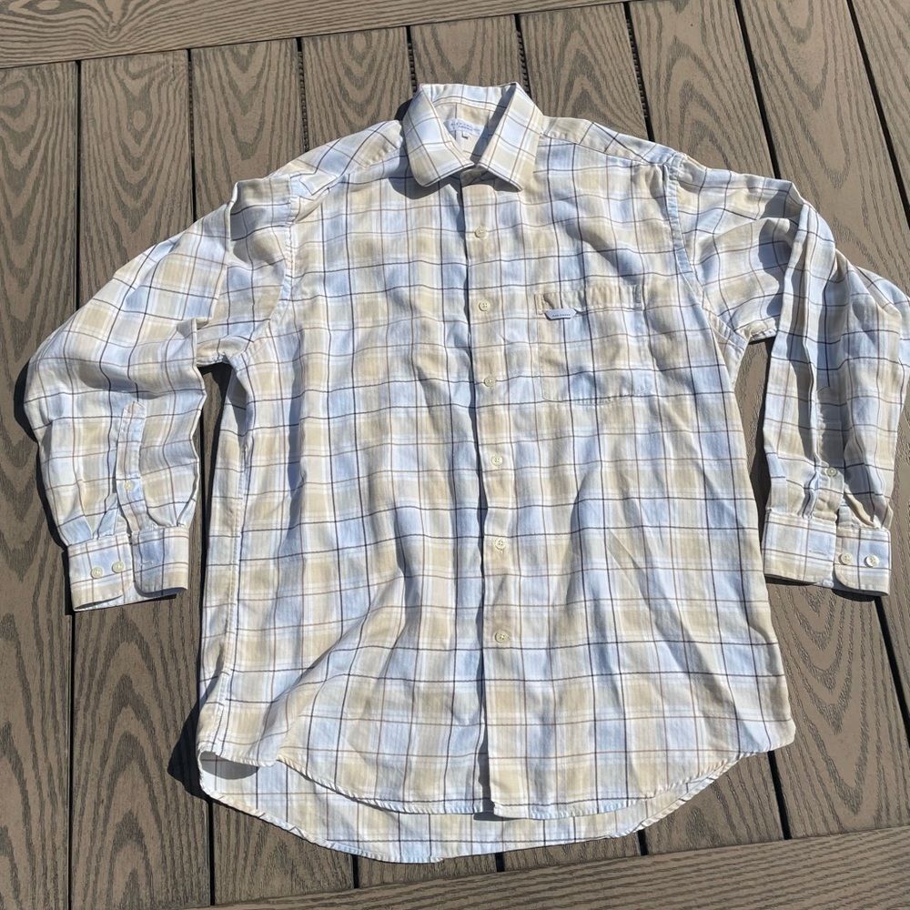 Alex Cannon Men’s Size L Collared Button Up Dress Shirt Plaid Blue White &Yellow